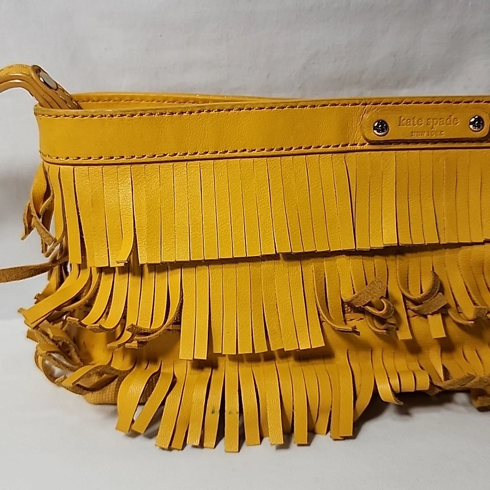 Kate Spade dark yellow fringe leather hippie boho soho clutch wristlet handbag‎